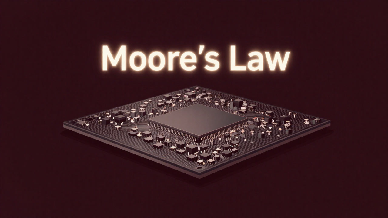 Image of a silicon wafer covered in countless transistors with the words 'Moore's Law' faintly glowing above it.