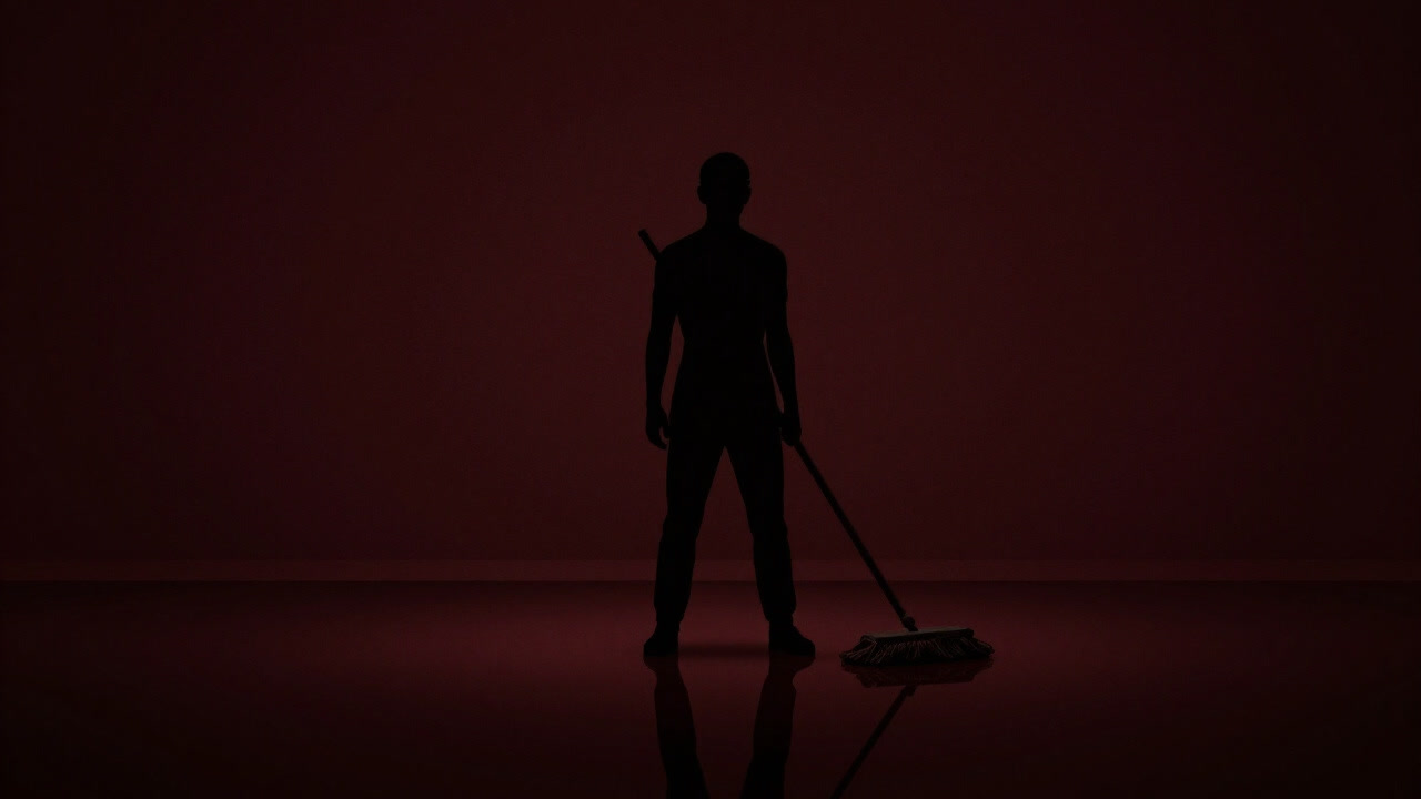 Silhouette of a person holding a mop reflected on the floor like a strange ritual