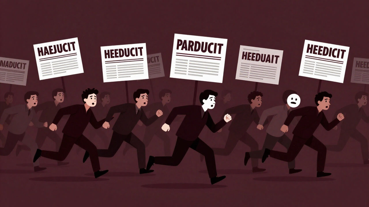 Illustration of a crowd of people with social media icons for faces, frantically reacting to viral content.