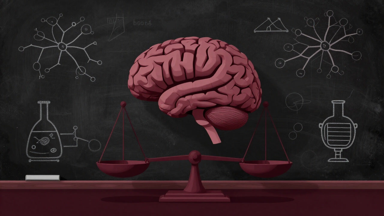 Illustration of a brain on scales in front of a chalkboard with neural diagrams