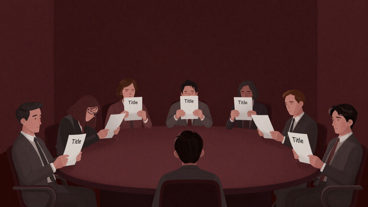 疲弊した社員が空の肩書だけを抱え、虚ろな目で会議室を見つめるイラスト