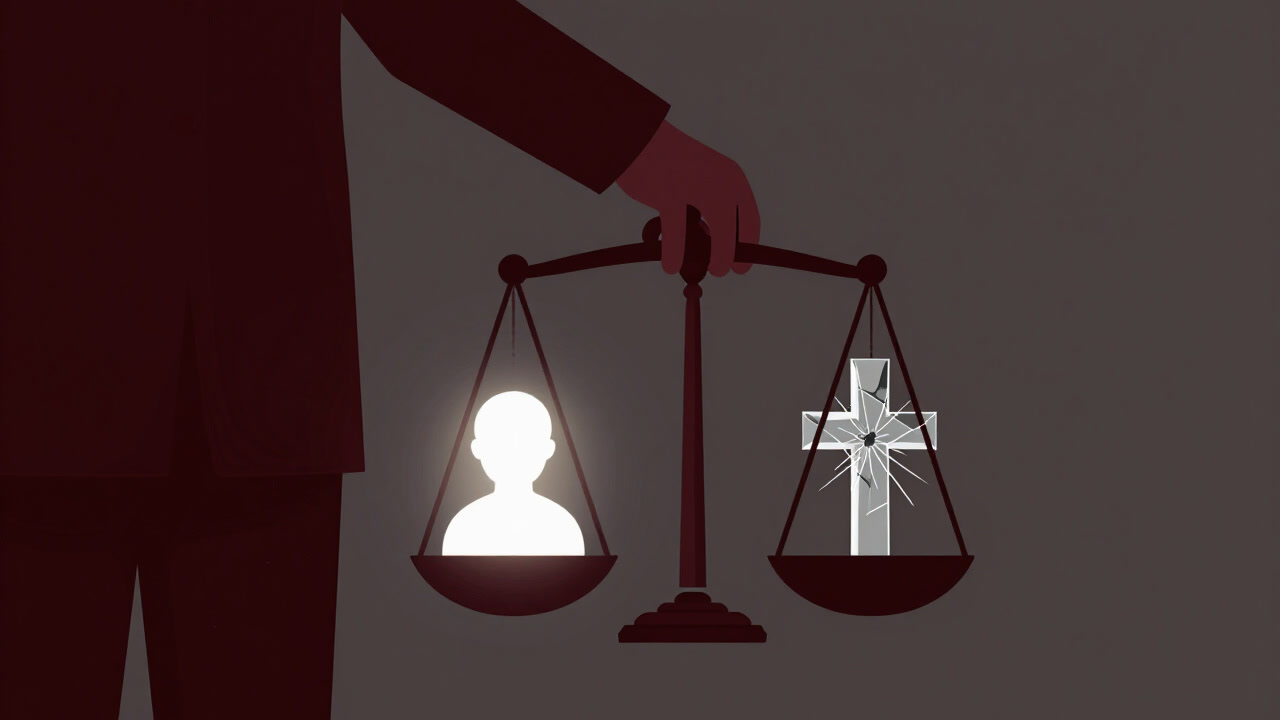 A satirical illustration showing a person holding scales, with a glass cross reflected on the opposite side