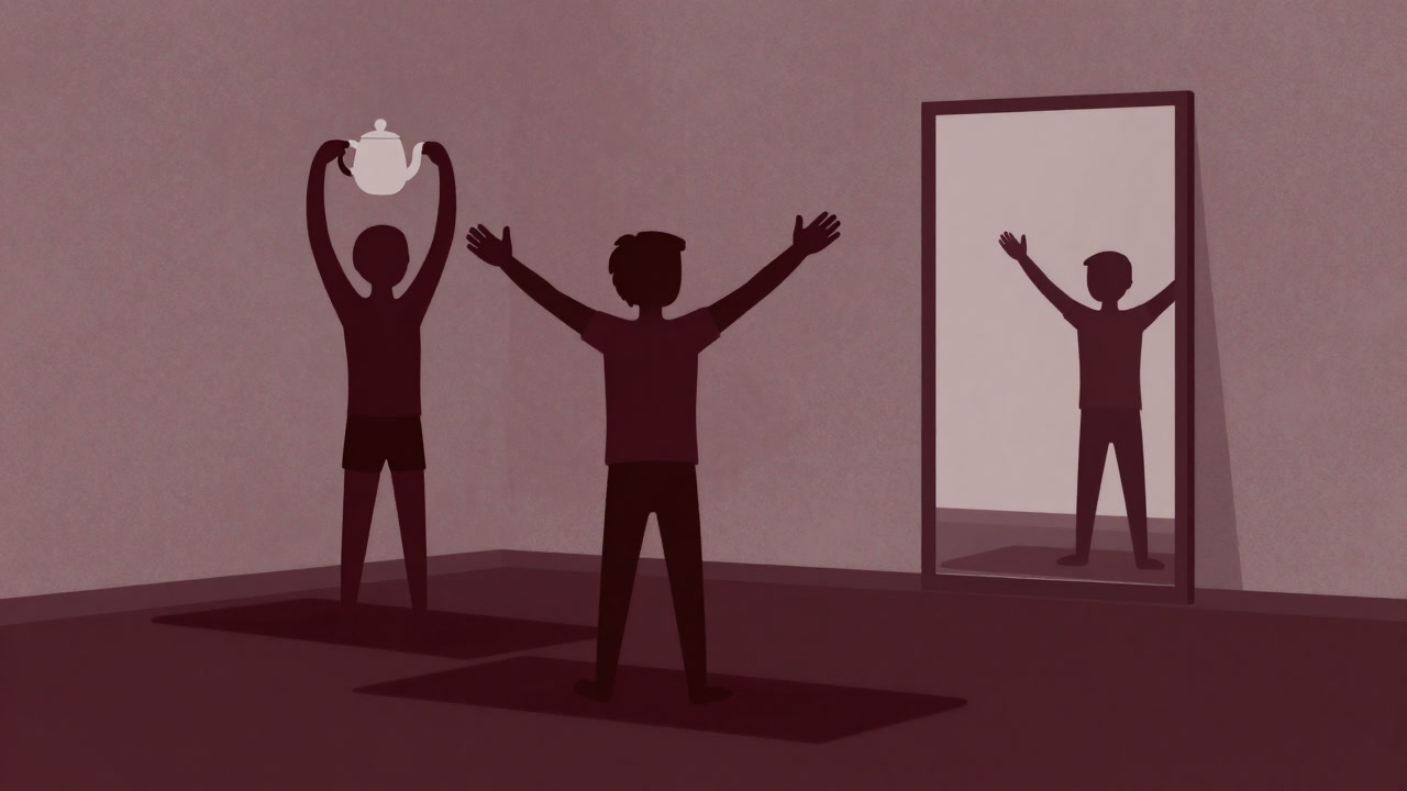 鏡の前でヨガマットに立ち、完璧なルーチンを演じる人物のコミカルなイラスト