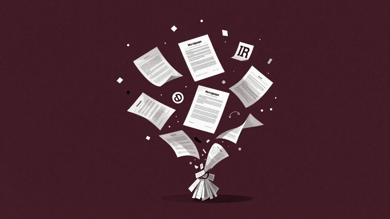 Illustration of mortgage contract documents bursting like confetti from a bundle