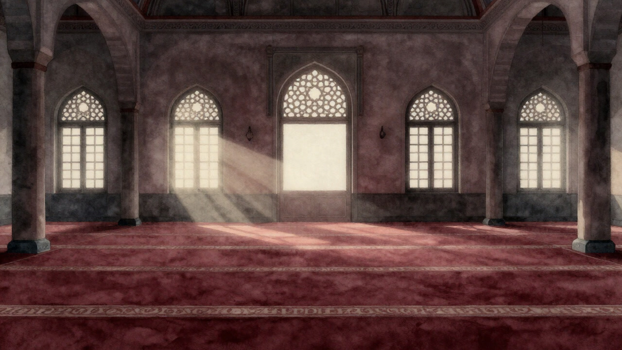 Interior of a mosque before dawn, filled with silence and light streaming through the mihrab.