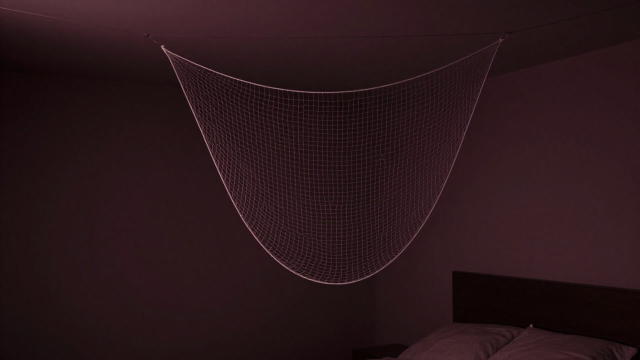 A dimly lit bedroom with a mosquito net gently swaying from the ceiling