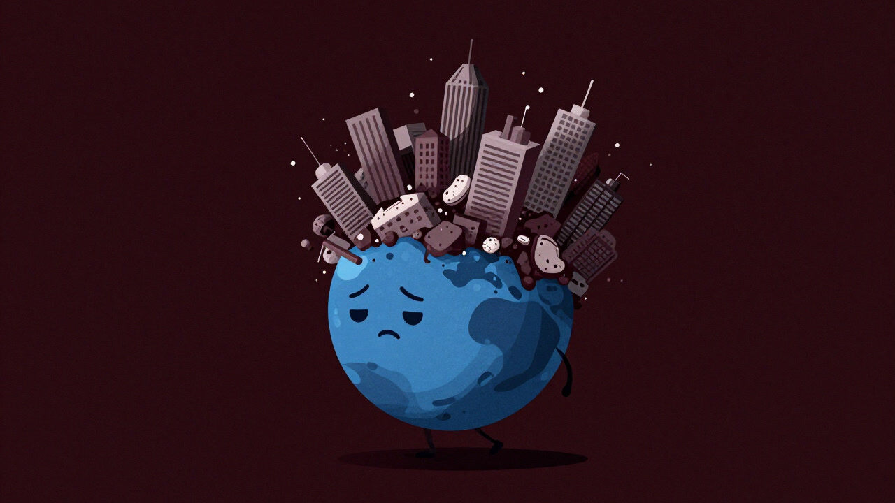 暗い宇宙の中で、人類の重責を背負って呆然と存在する青い惑星のイメージ