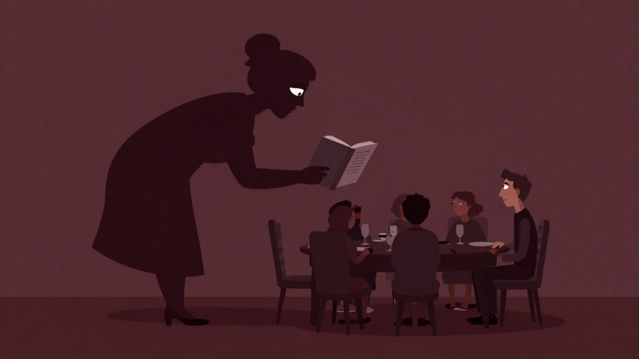 Illustration of a shadowy mother-in-law looming over a family at the dining table