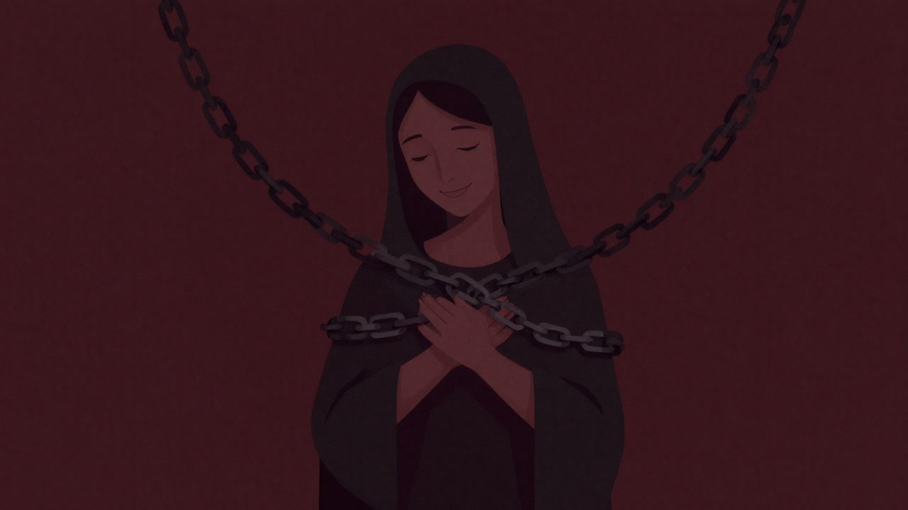 Illustration of a mother’s profile smiling gently with hidden chains behind her signifying heavy affection