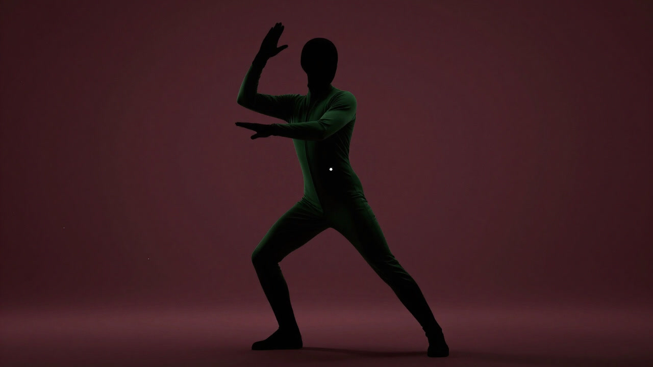 Silhouette of a person wearing a green motion-capture suit striking various poses in a studio