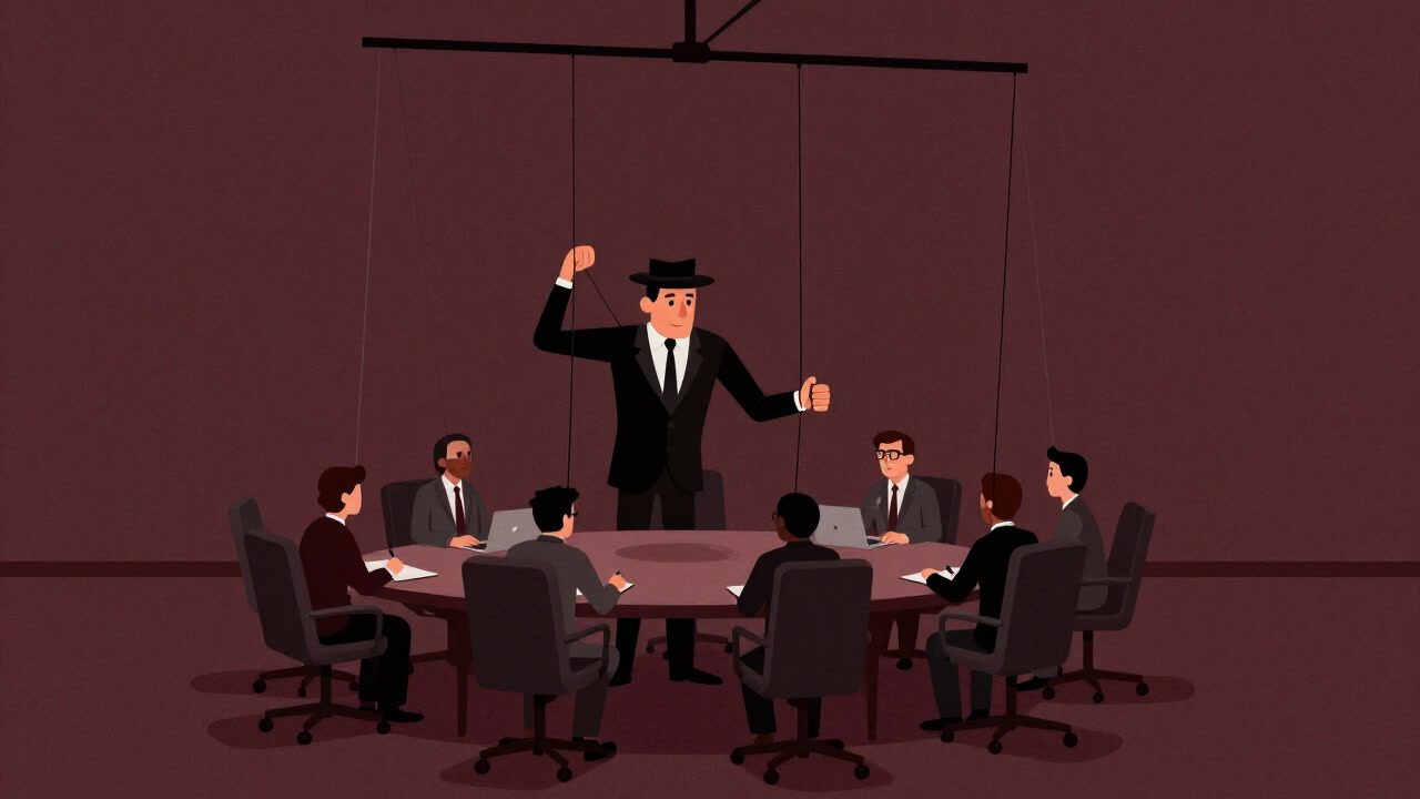 ひもで操られる社員のミニチュアを前に、ニヤリと笑うマネージャーの影絵