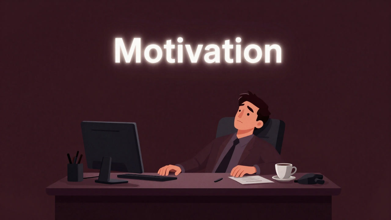 Illustration of an office worker staring emptily at the word 'motivation' hovering above an empty coffee cup on a desk.