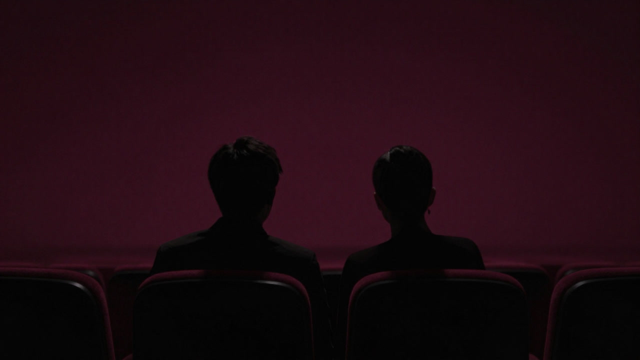 Silhouettes of a silent couple sitting side by side in a dark cinema.