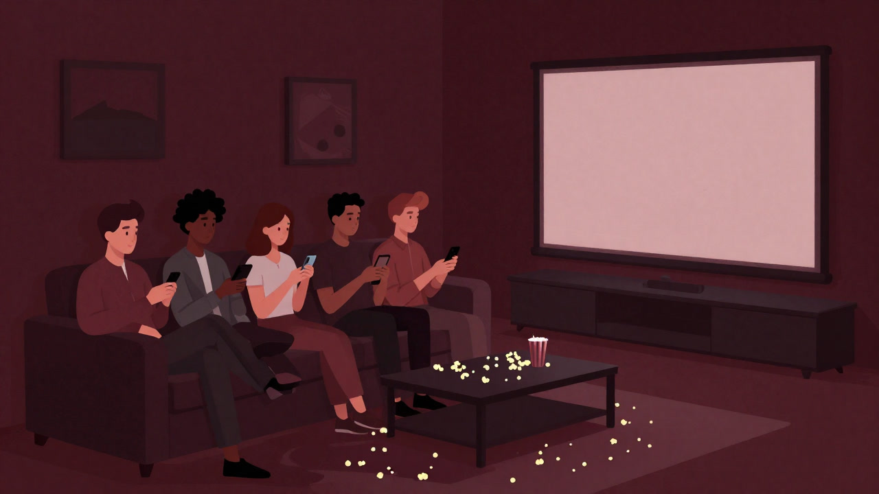 Silhouettes of people gathered on a living room sofa, each unable to let go of their smartphone