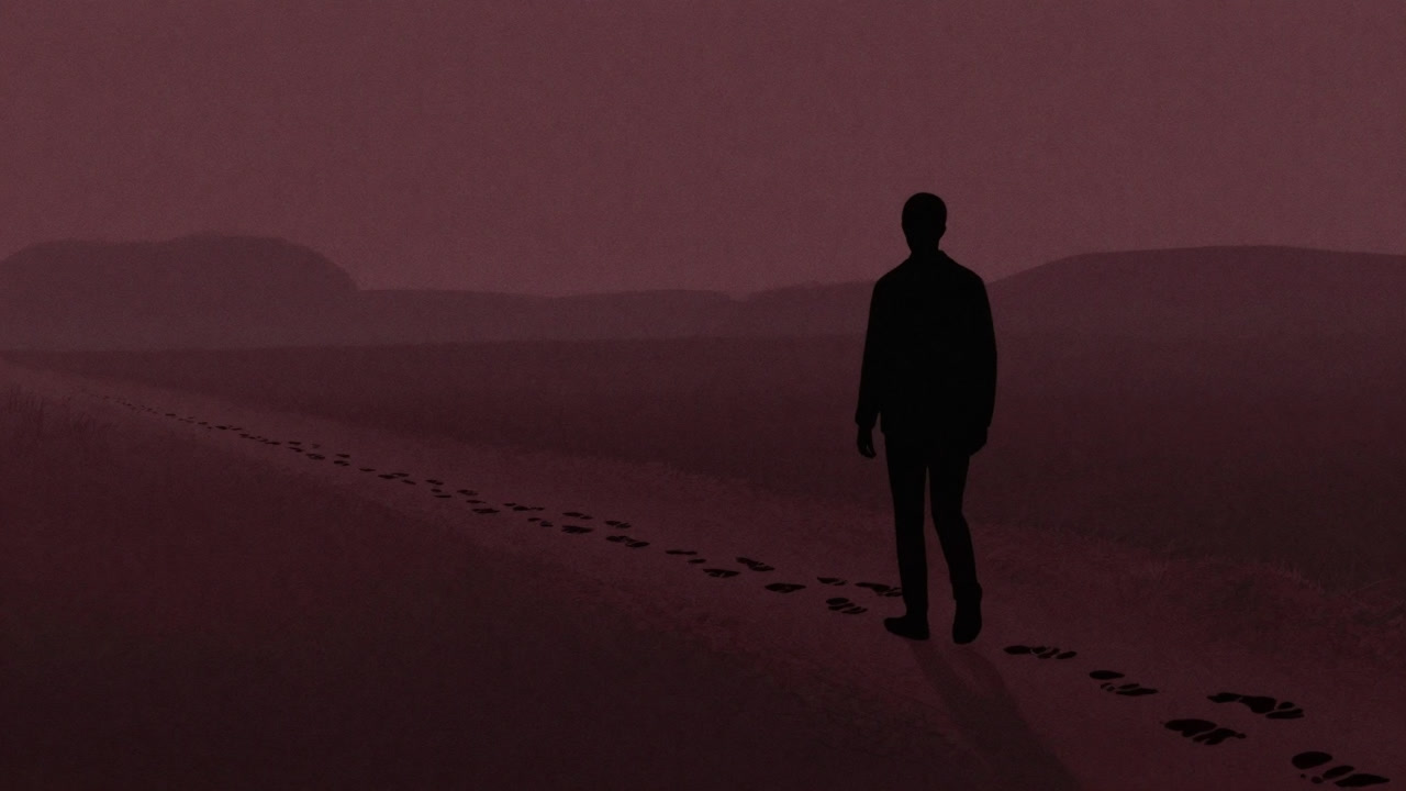 無数の足跡が続く土の道をゆっくり歩む人物のシルエット