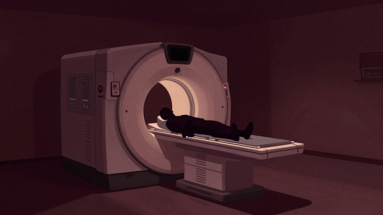 Silhouette of a patient inside a round magnetic tunnel in a dimly lit scan room
