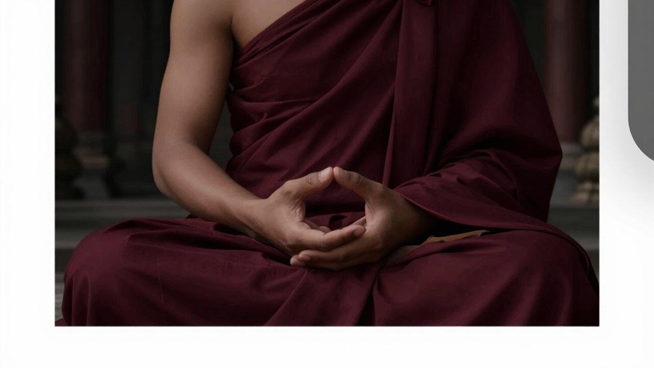 A close-up of a monk's hands forming a complex mudra in the silence of a temple