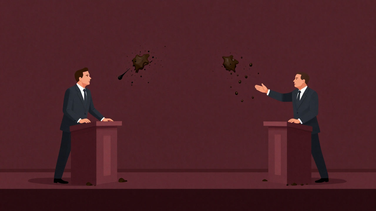 演説者同士が泥をかけ合いながらマイクを握るイラスト