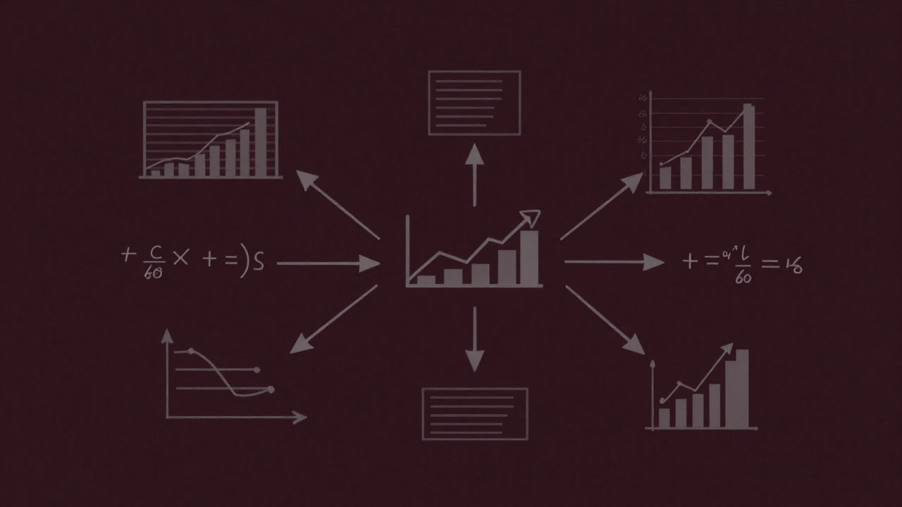 A chaotic business infographic with multiple dashed arrows pointing to a user, overlaid with equations and graphs