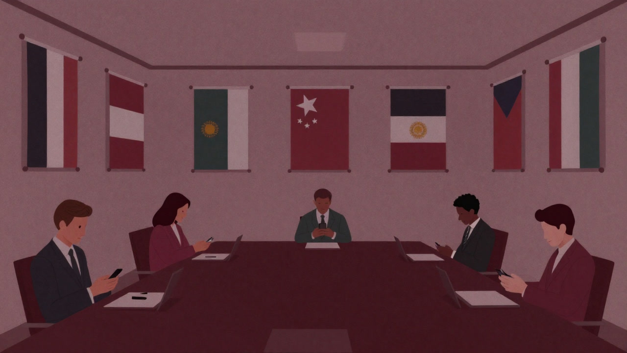 In a conference room, colorful flags line the walls while attendees all stare at their smartphones