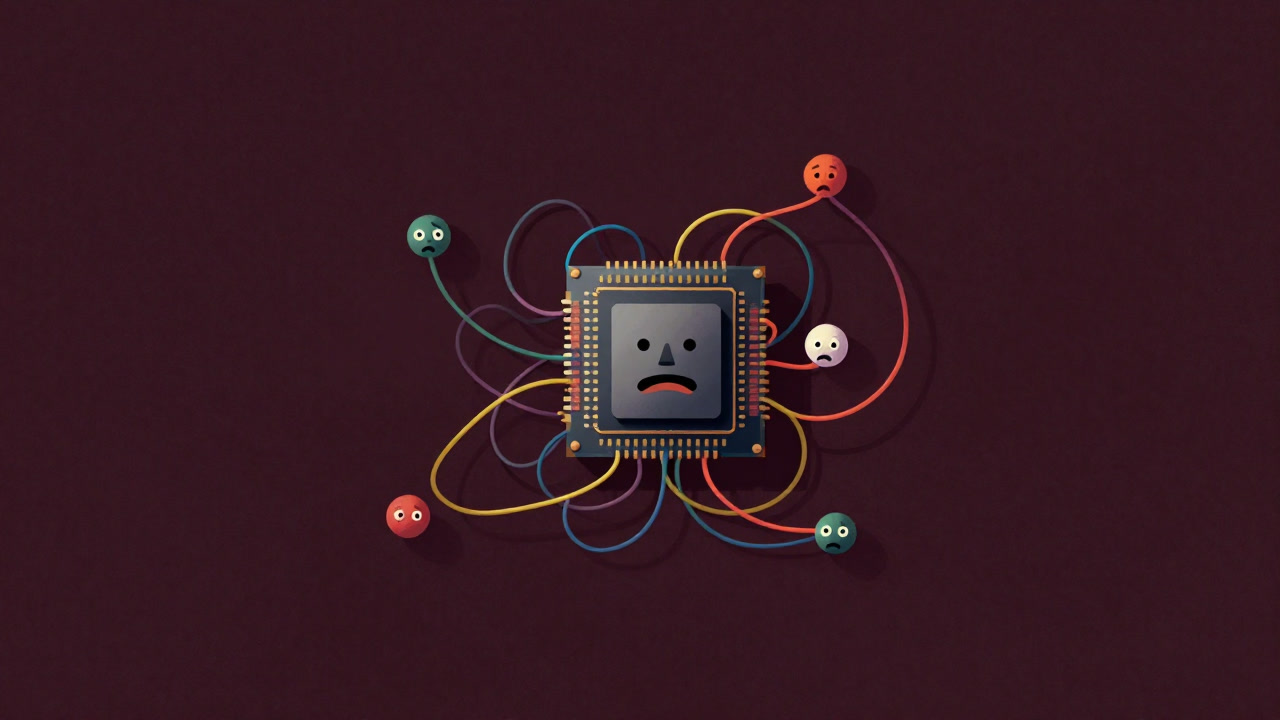 Illustration of colorful threads entangled around a CPU, screaming silently.