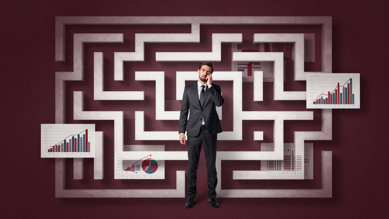 Illustration of a marketer lost in a maze of overlapping charts chasing click rates