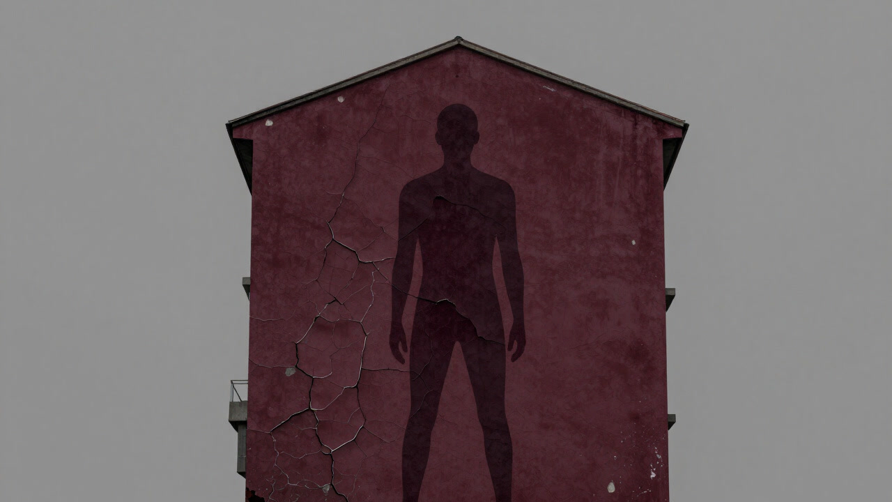 建物の壁一面に描かれた、やる気満々の人間の姿を模した巨大な壁画。だが下地のヒビが未来の崩壊を予言している。