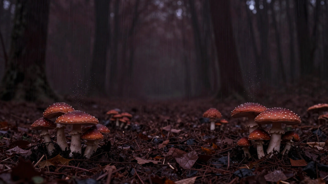 Photo of a mushroom emerging eerily from the forest floor, scattering spores on the damp ground
