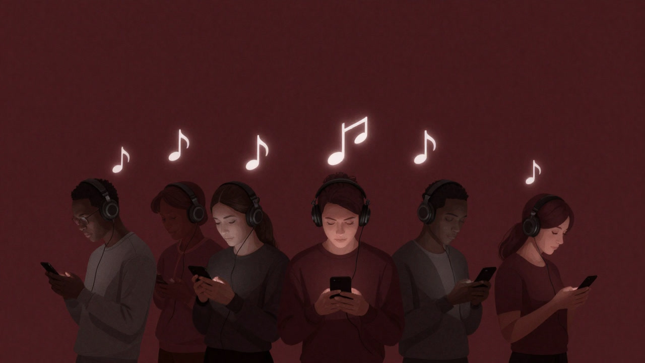 Illustration of people wearing headphones connected by musical notes, staring at their smartphones