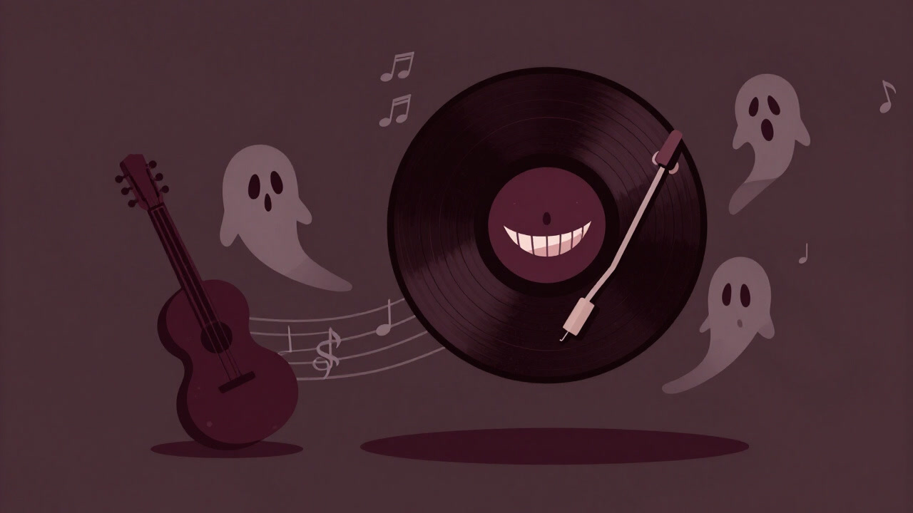 様々な楽器と音符が漂うダークな背景に、一枚のレコードが不敵な笑みを浮かべるイラスト