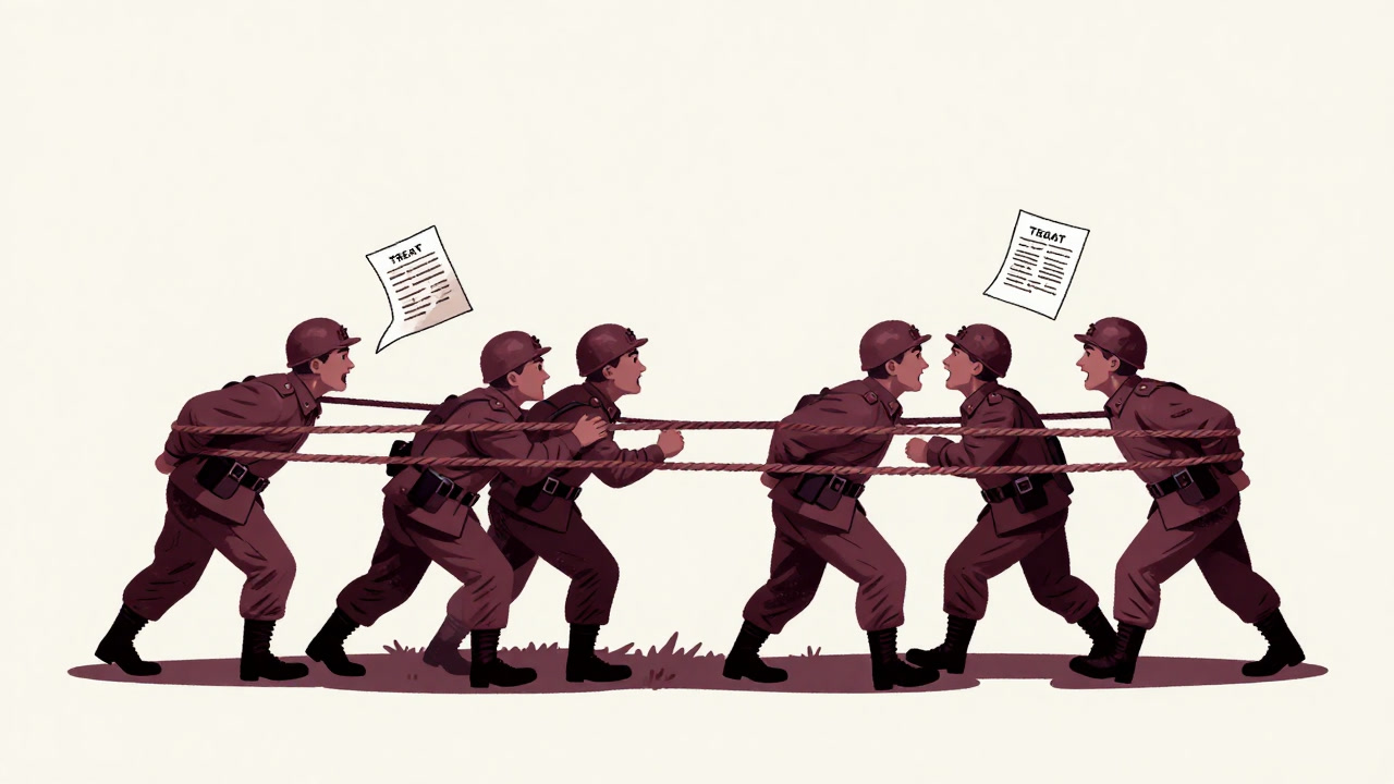 塹壕の前で縄のような条約書に縛られた兵士たちが助け合いながら叫んでいる風刺的なイラスト