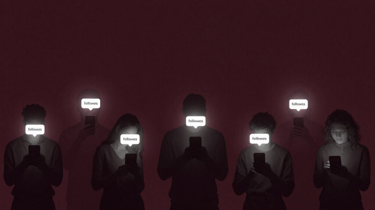 Silhouettes of people leaning over smartphone screens, eagerly reacting to mutual follow notifications
