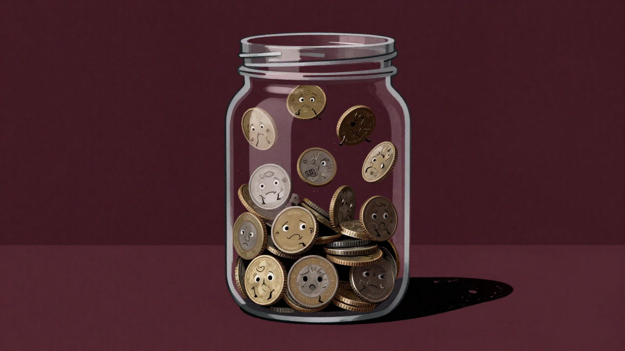 Image of various coins mixing into a single jar, symbolizing a mutual fund.