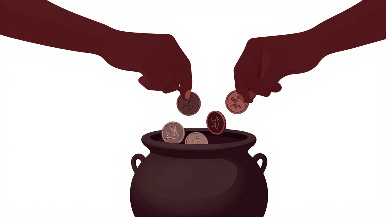 複数の手が中央のコイン箱に小銭を投じているイラスト