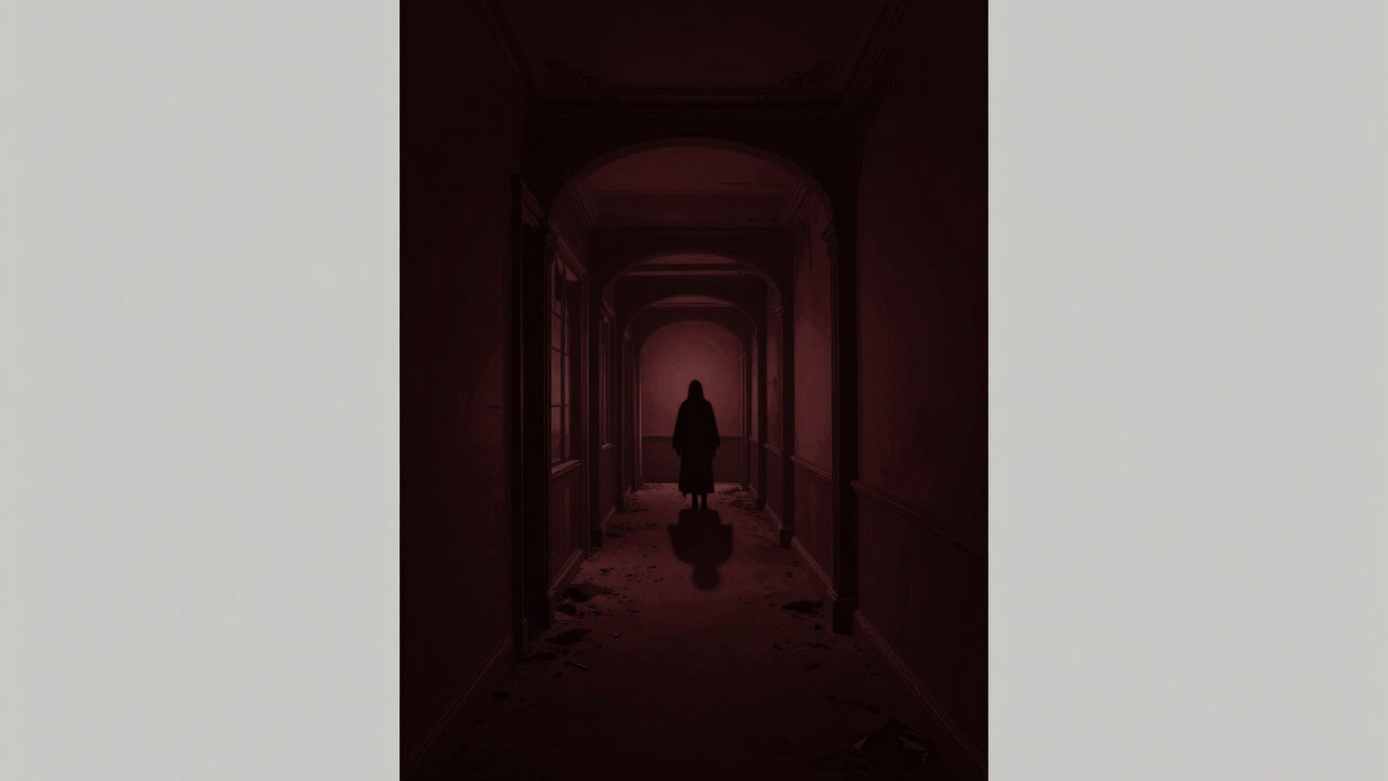 月明かりに照らされた廃屋の廊下の奥に、謎めいた影が佇むイラスト