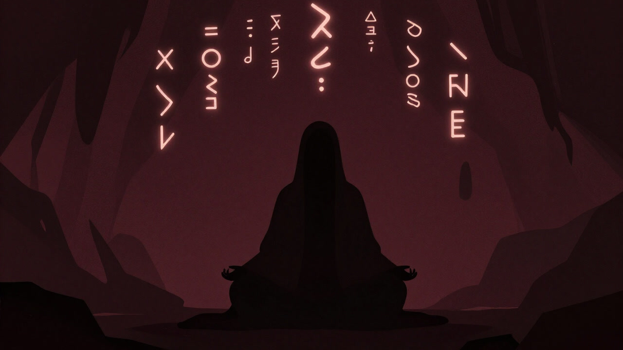 Illustration of a shadowy figure meditating in a dark cave, surrounded by faintly glowing ancient symbols.