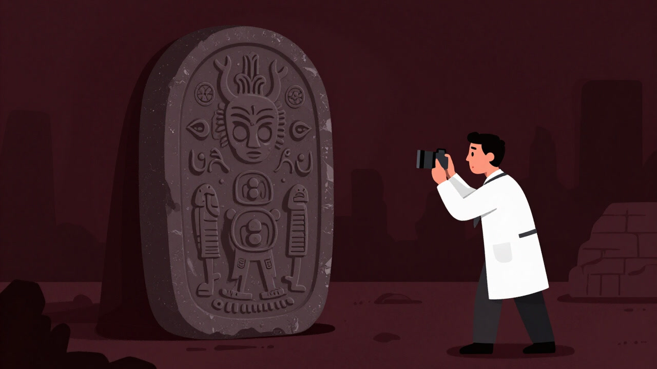 古代遺跡の石碑に刻まれた奇怪な神話図像をスマホで撮影し、困惑した表情を浮かべる研究者の写真