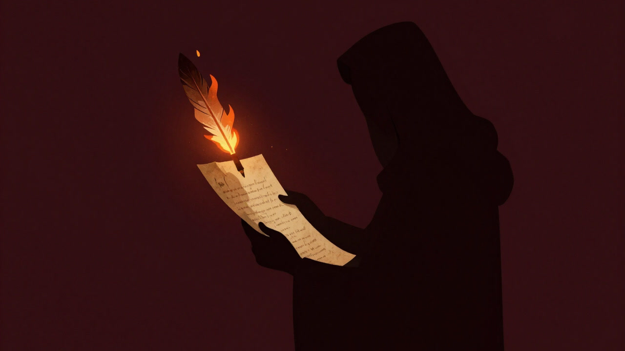 Silhouette of a mythmaker holding ancient parchment illuminated by a flaming quill against an empty void