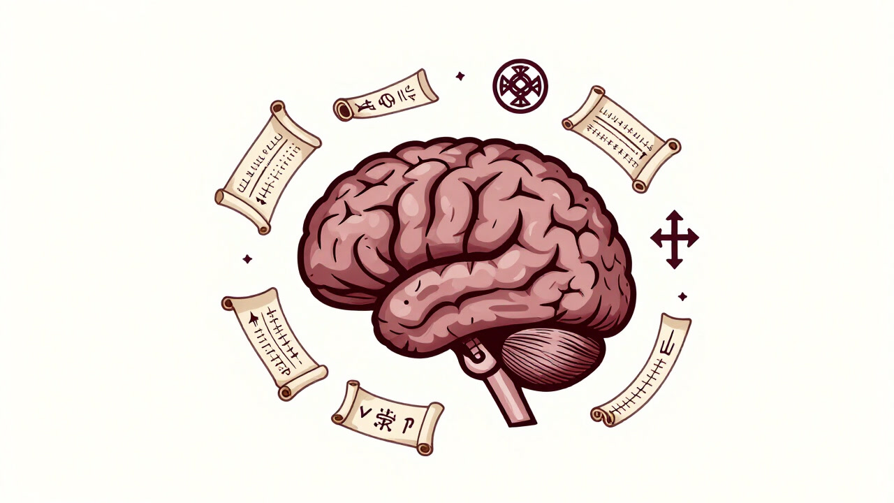 A satirical illustration of ancient scrolls and mythical symbols swirling around a brain.