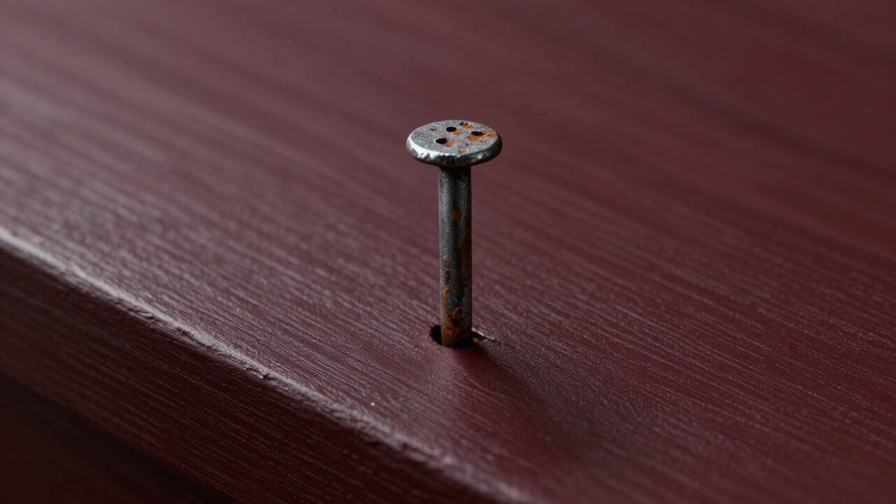 錆びた釘が木の板に突き刺さるクローズアップ写真