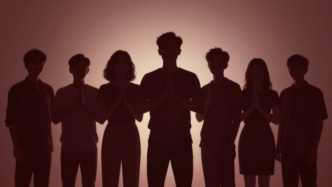 Silhouetted figures with hands pressed together smiling like statues