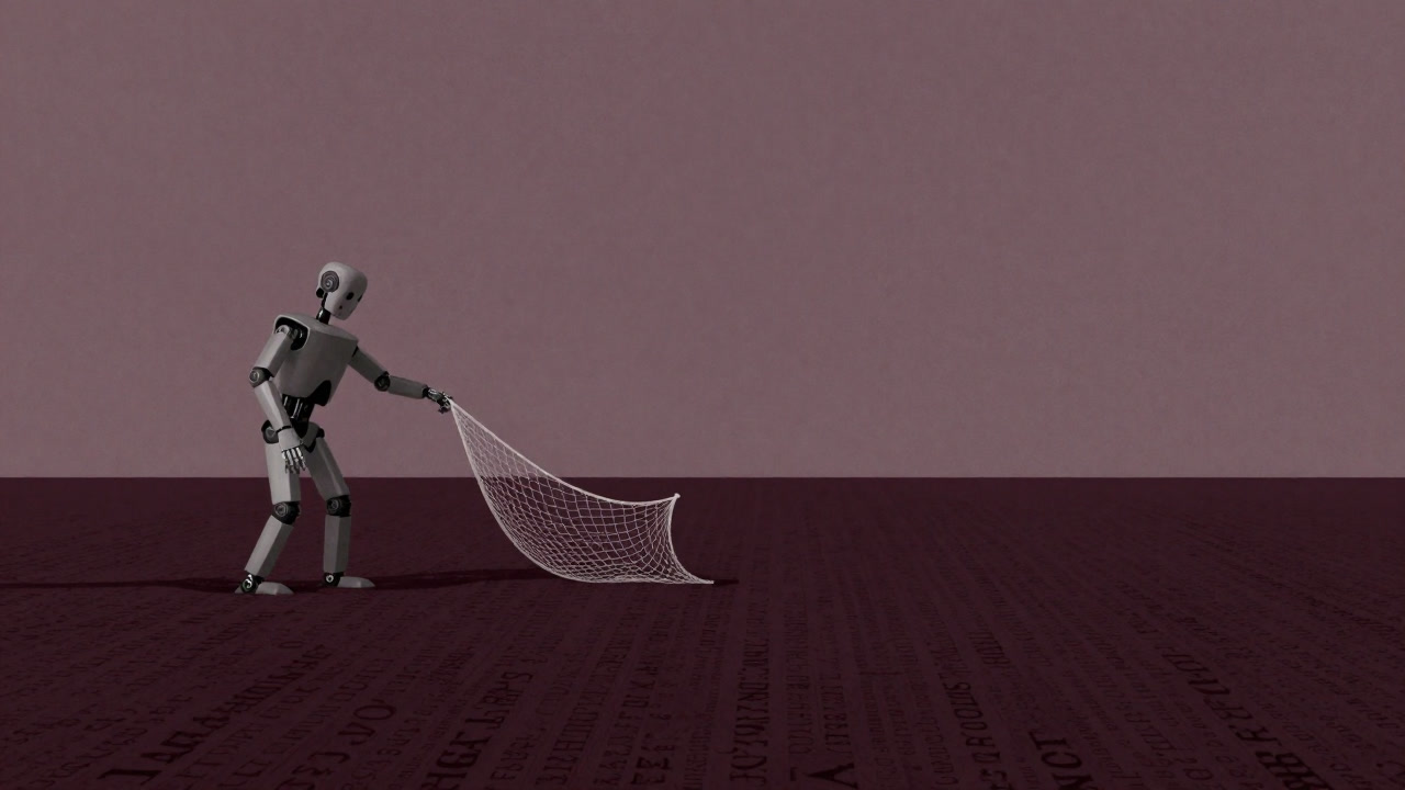 Illustration of an entity-detecting robot swimming like a fish in a vast sea of text