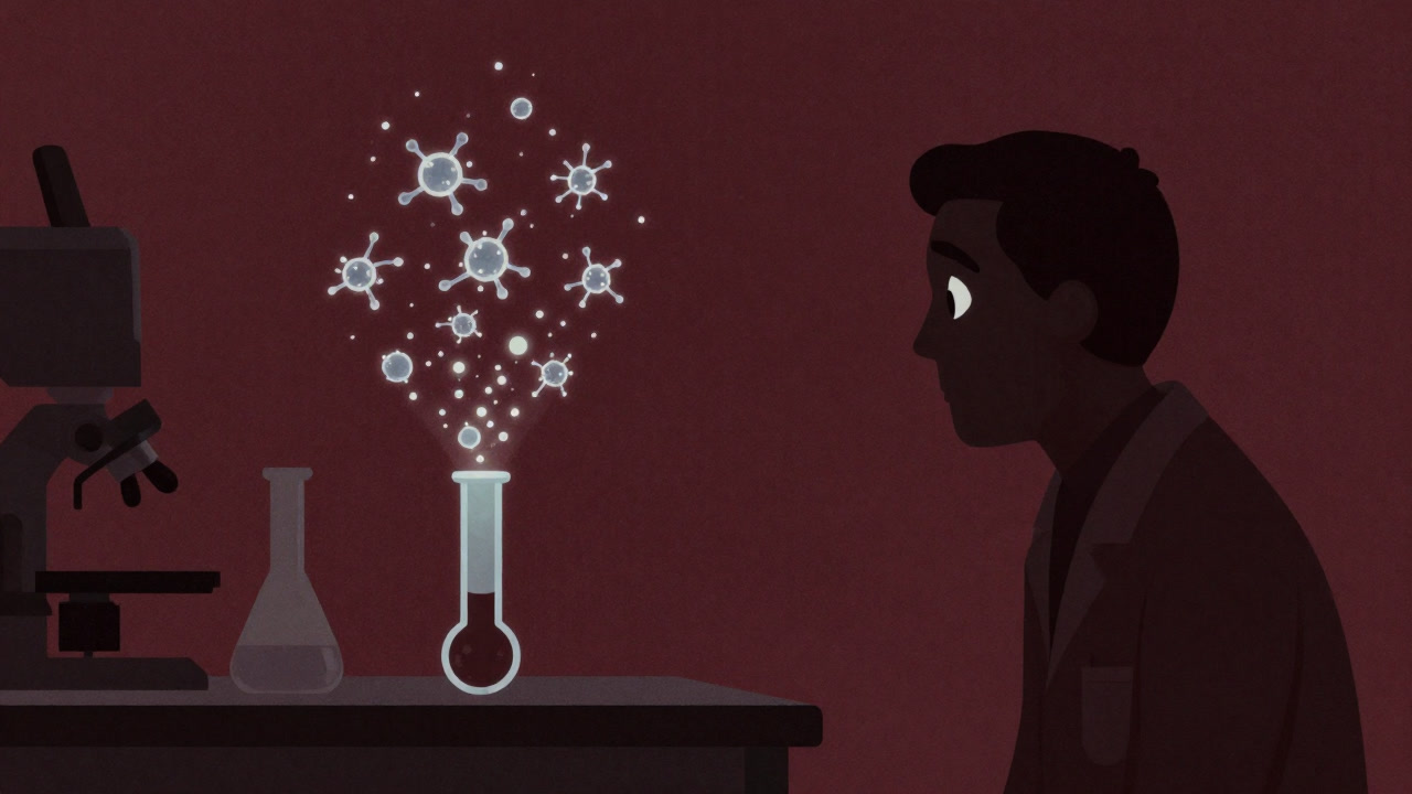 A silhouette of a lab technician staring at a cloud of fine particles erupting from a test tube.
