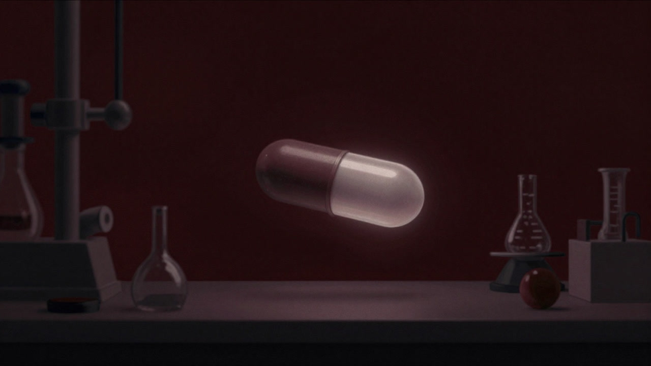 暗闇で微かに発光する小さなカプセル状の装置が、無言で未来を約束するかのように浮遊するイラスト