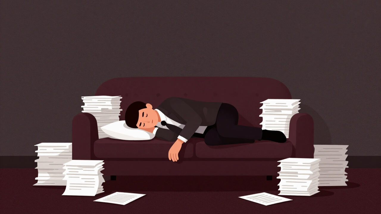 Silhouette of a person sinking into a sofa for a fleeting nap amidst work