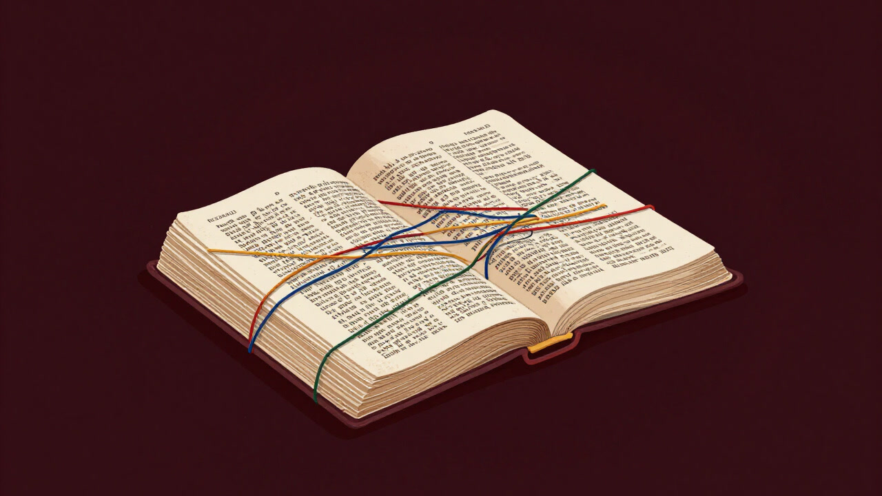 古びた聖書に重ね書きされた物語の線が絡み合うイラスト