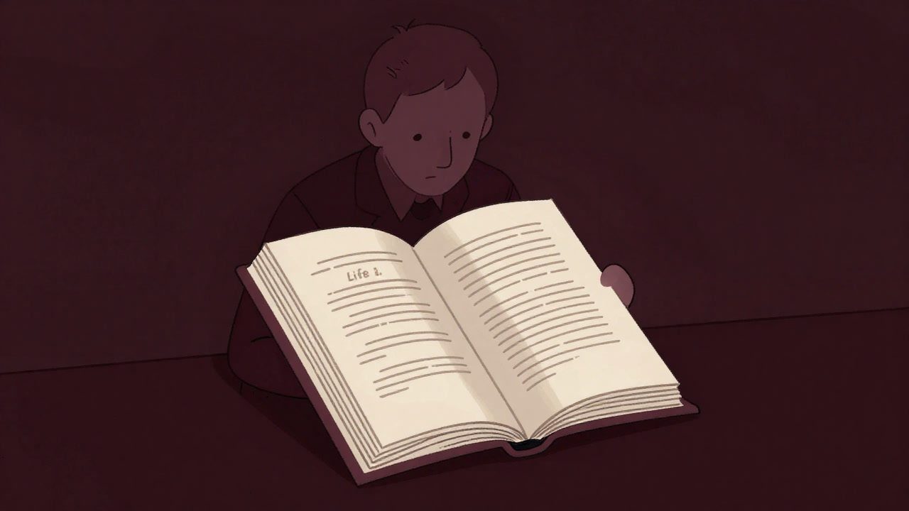 クライアントが自らの人生を本のように語り、背景にセラピストの影が揺れるイラスト