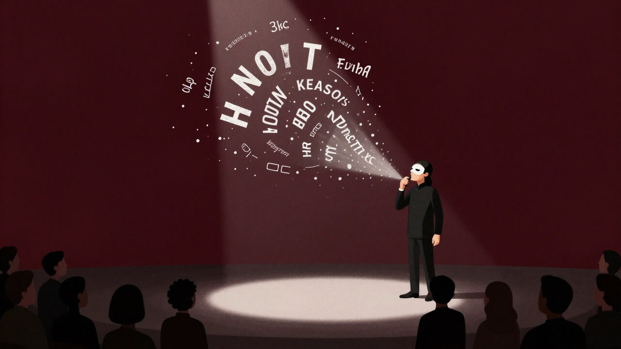 Silhouette of a masked figure turned narrator, spewing words in a whirlwind toward an audience.