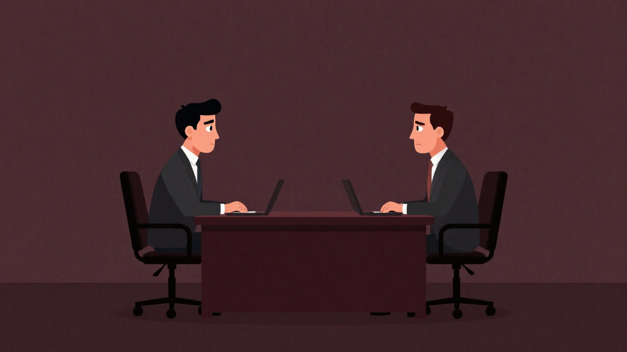 Illustration of two businessmen facing each other across a desk, both frozen in place in a standoff