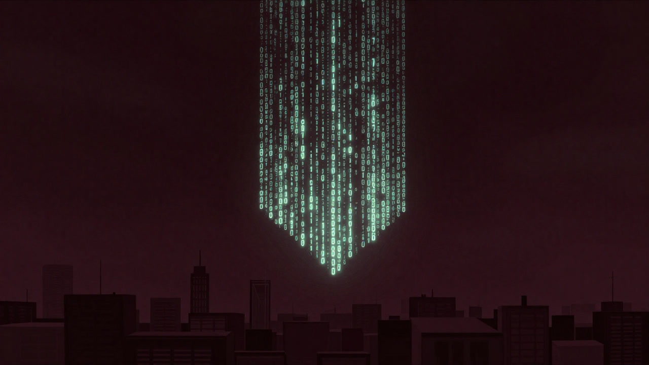 Illustration of a huge numeric code suspended over a dark data center, overlooking a city below representing citizens.